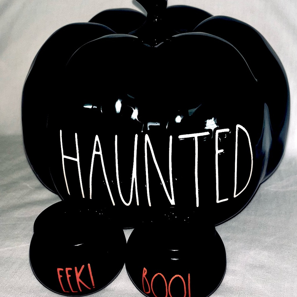 Rae Dunn Halloween Haunted Black Glossy Pumpkin EEK BOO Salt & Pepper Shakers
